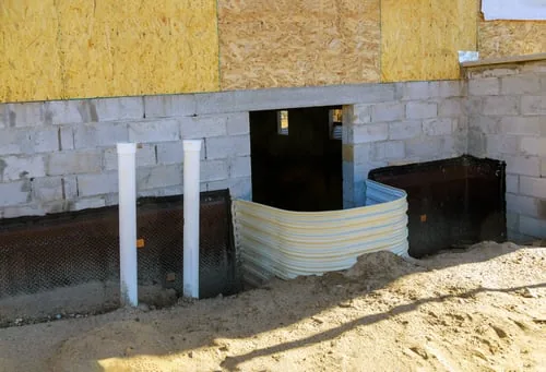 Below-grade concrete foundation wall with waterproofing and window well drainage