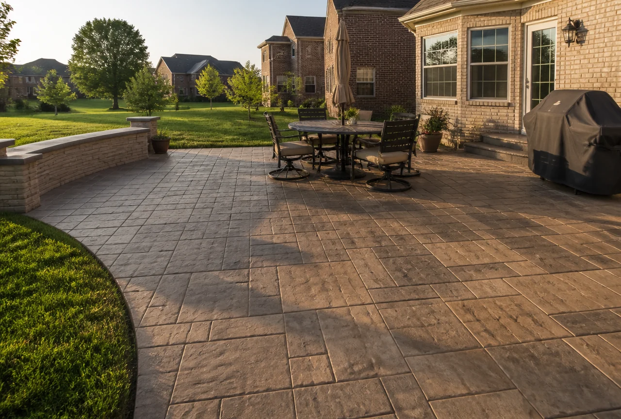 Stamped concrete patio with seating wall in a Charlotte, NC backyard